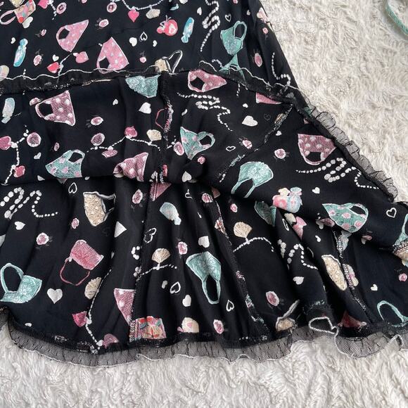 Vintage 90s Y2K handbag heart print midi slip dress ruffle trim bias cut fairy L - Picture 9 of 14